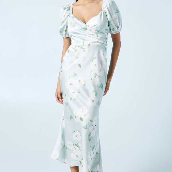 Posy Puff Sleeve Satin Wrap Top Bridesmaid Midi Dress