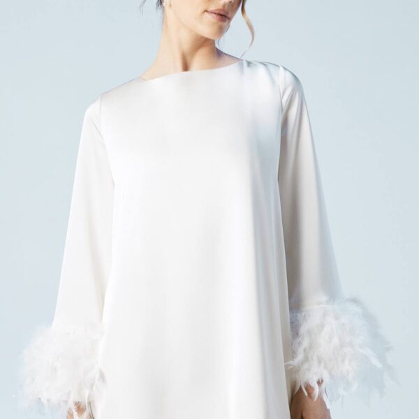 Feather Cuff Satin Bridal Mini Dress