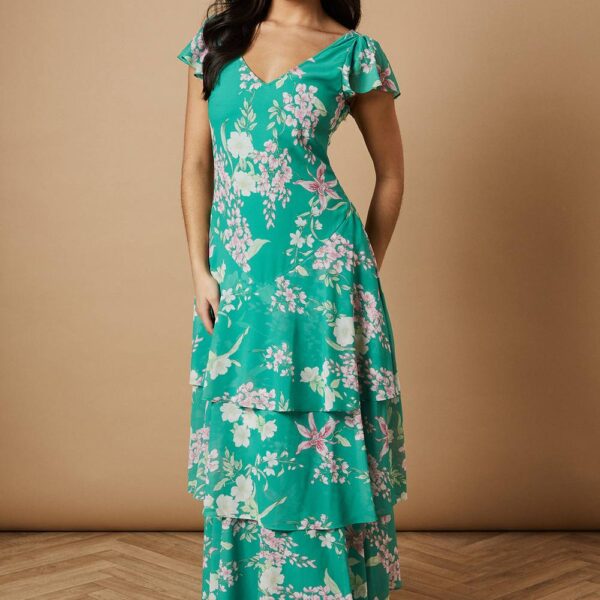 Floral Printed Chiffon Ruffle Tiered Maxi Dress