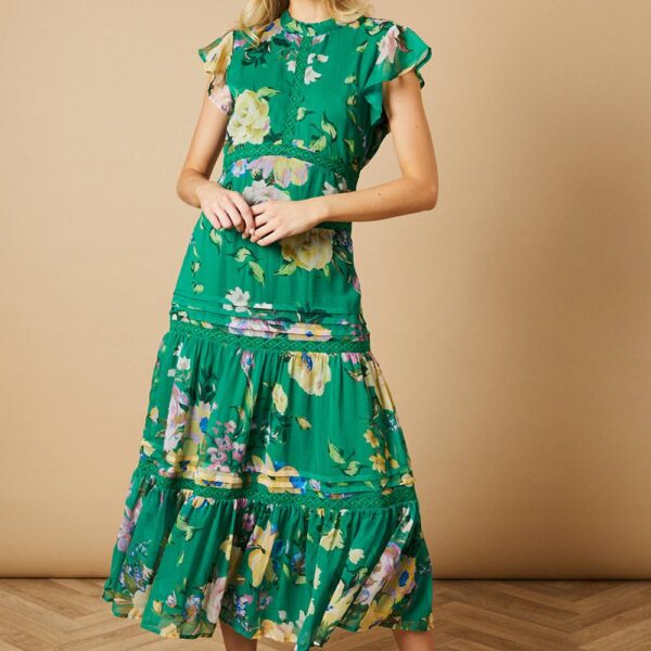 Floral Printed Chiffon Lace Insert Dress