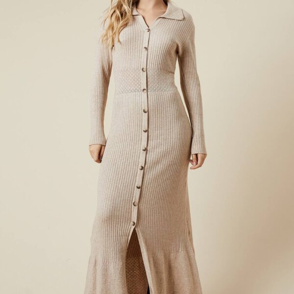 Pointelle Waist Detail Button Down Knitted Midi Dress