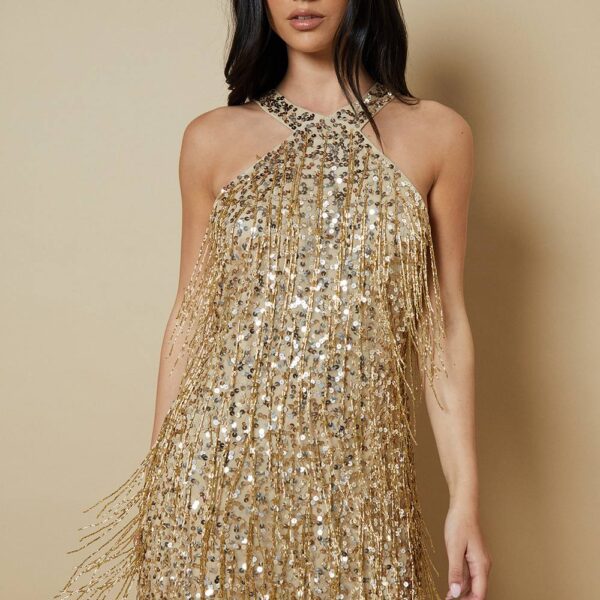 Fringe Embellished Halter Neck Mini Dress