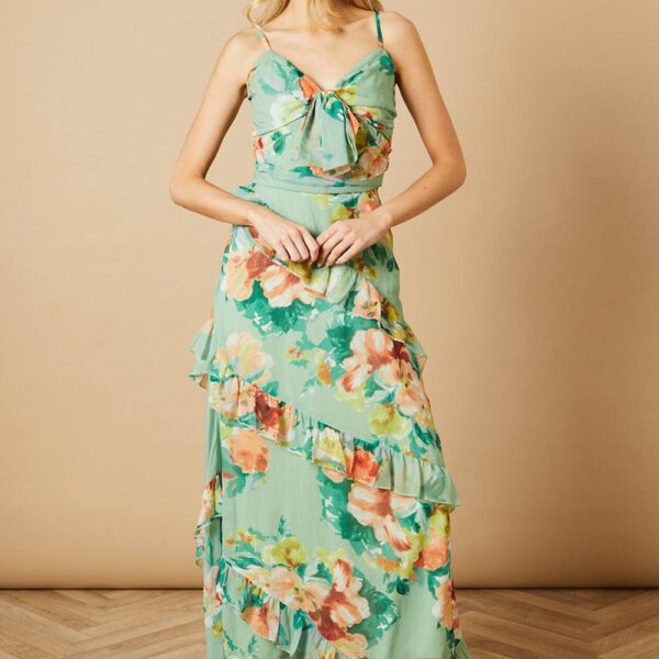 Floral Waist Detail Ruffle Midi Dress