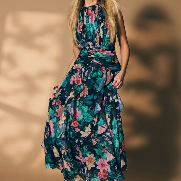 Floral Waist Detail Ruffle Maxi Dress