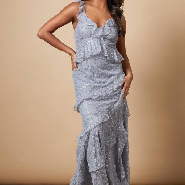 Sequin Lace Ruffle Detail Midaxi Dressslate grey