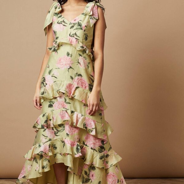 Petite Floral Printed Tiered Ruffle Tie Shoulder Midi Dress