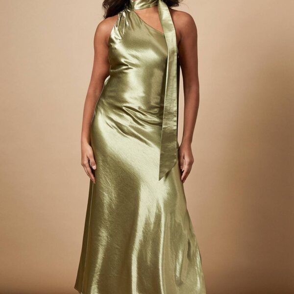 Metallic Satin Tie Neck Dress