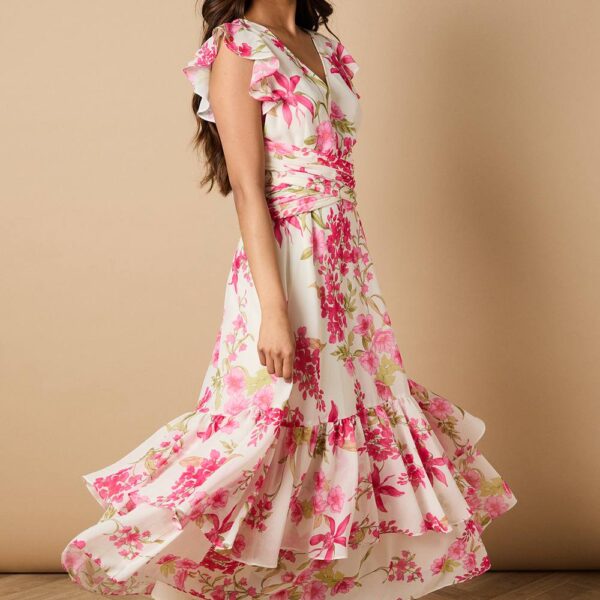 Petite Printed Twist front Detail Tiered Midi Dress