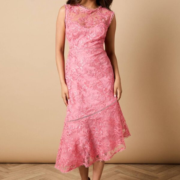 Petite Floral Lace Scallop Detail Midi Dress