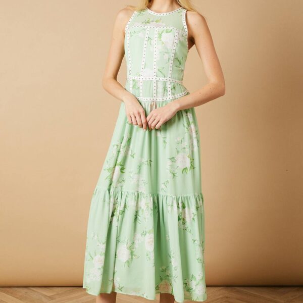 Printed Stud Embellished Trim Maxi Dress