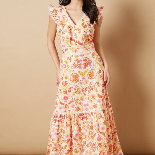 Broderie Detail V neck Midi Dress