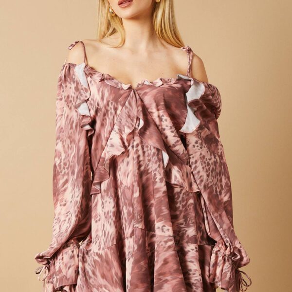 Cow Printed Ruffle Detail Mini Dress