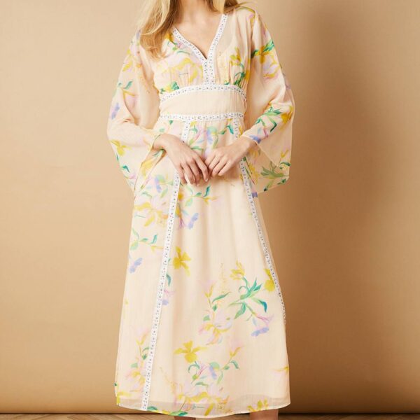 Hand Embellished Trim V Neck Batwing Maxi Dress