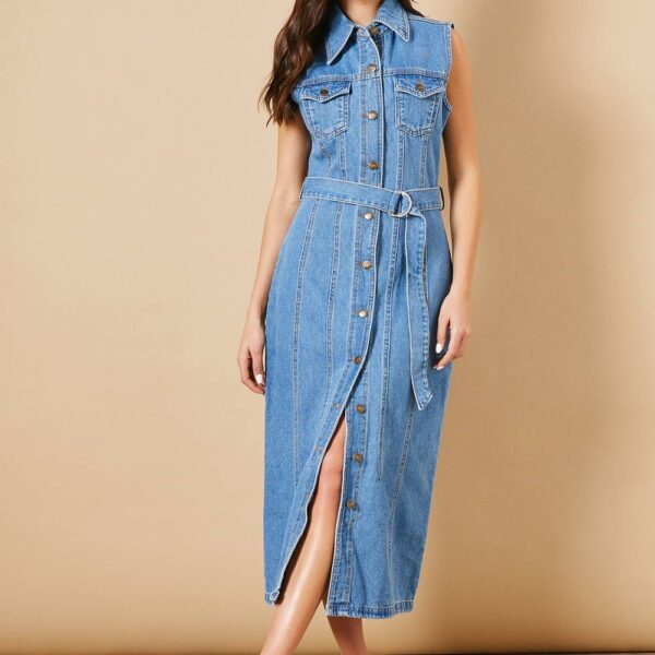 Belted Waist Pocket Detail Midi Dress
