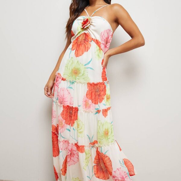 Petite Rosette Detail Halterneck Midi Dress