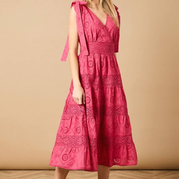 Petite Tie Shoulder V Neck Broderie Midi Dress