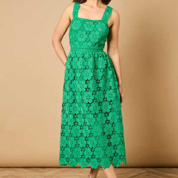 Floral Lace Detail Square Neck Midi Dressemerald