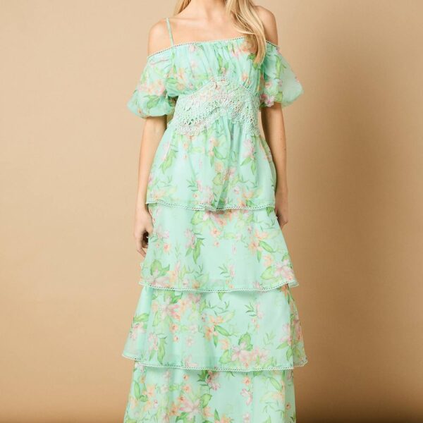 Lace Trim Tiered Off Shoulder Midi Dress