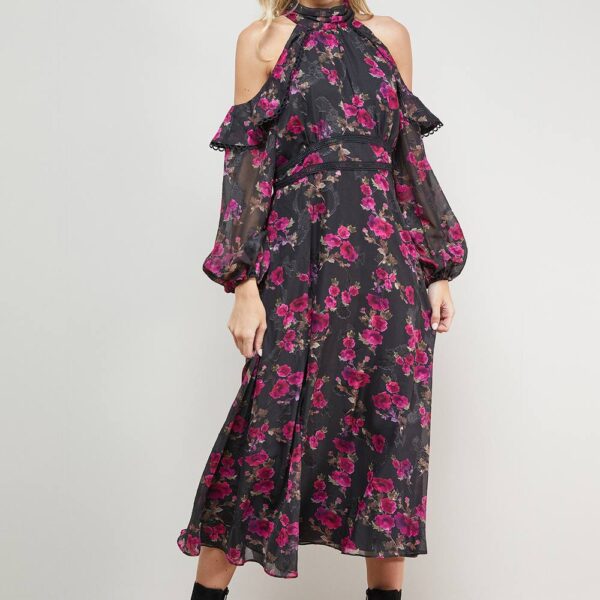 Cold Shoulder Ruffle Halterneck Midi Dressmulti