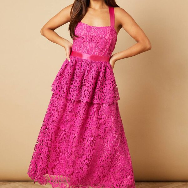 Petite Cross Strap Tiered Lace Midi Dress