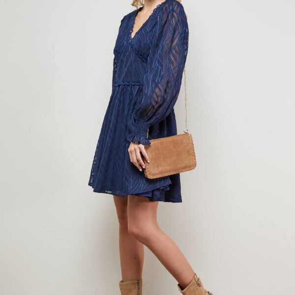 Animal Jacquard Trim Detail Balloon Sleeve Mini Dressnavy