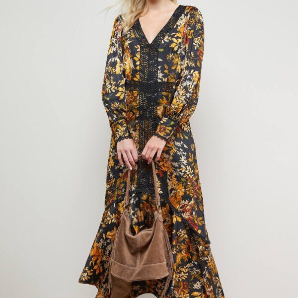 Printed Lace Trim Detail High Low Hem Midi Dress