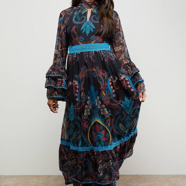 Placement Print Lace Detail High Neck Maxi Smock Dress