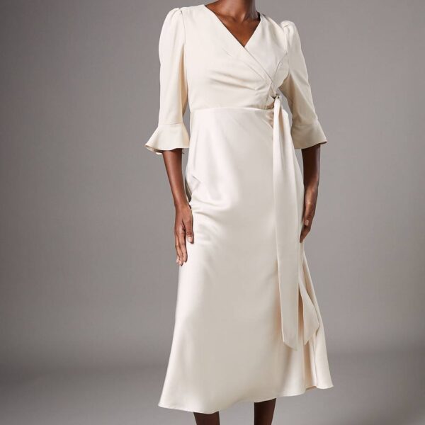 Ruffle Sleeve Satin Back Crepe Wrap Dress - Champagne
