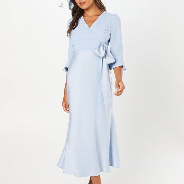 Ruffle Sleeve Satin Back Crepe Wrap Dress - Pale Blue