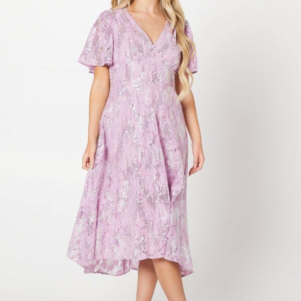Petite Sequin Lace V Neck High-low Midi Dress - Mauve