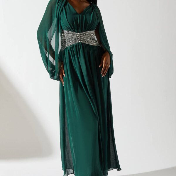 Cape Shoulder Chiffon Embellished Waistband Maxi Dress - Green