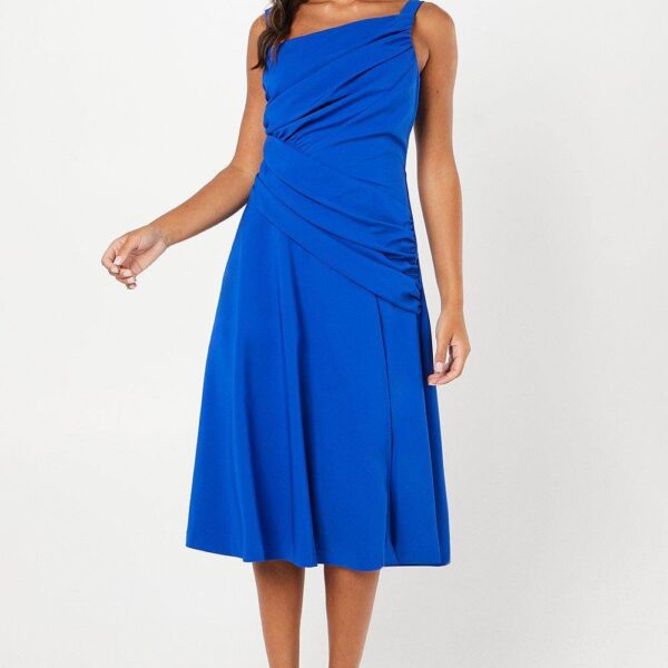 Drape Bodice Fluid Skirt Crepe Wedding Guest Dress - Blue