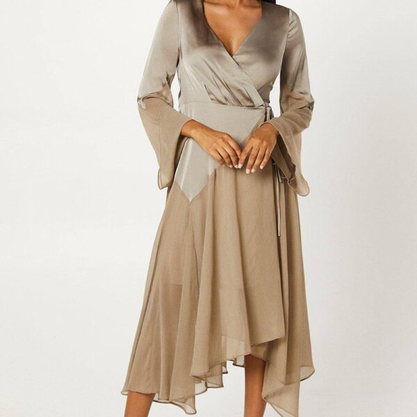 Chiffon And Satin Wrap Wedding Guest Dress - Silver Grey