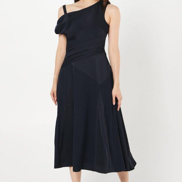 Draped Panelled One Shoulder Crepe Wedding Guest Dress - Navy
