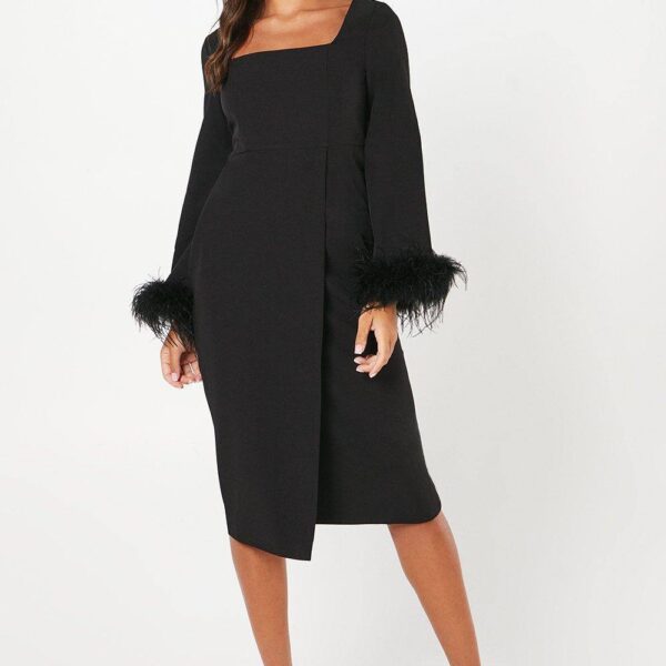 Feather Cuff Long Sleeve Pencil Dress - Black