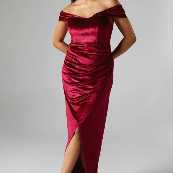 Corset Bardot Velvet Bridesmaid Maxi Dress - Malbec