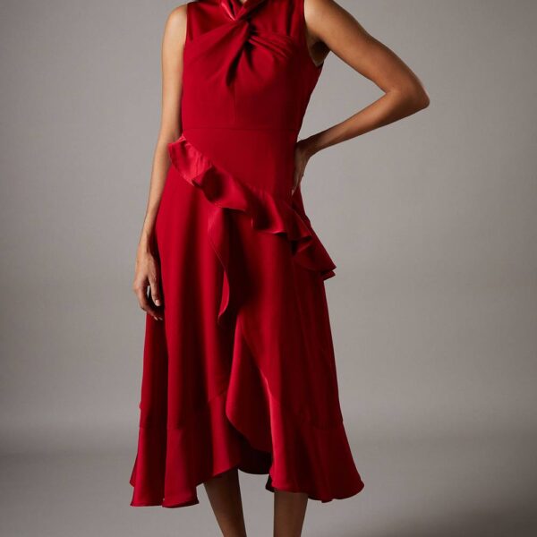 Twist Neck Ruffle Detail Satin Back Crepe Midi Dress - Red