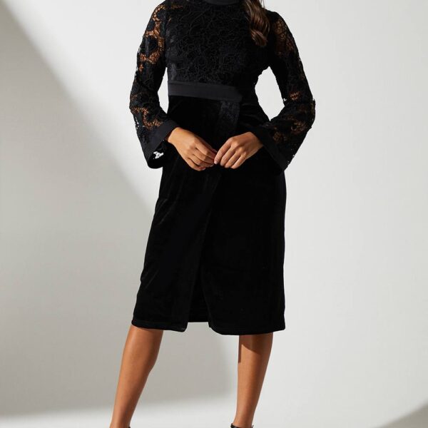 Velvet Lace Long Sleeve High Neck Midi Dress - Black