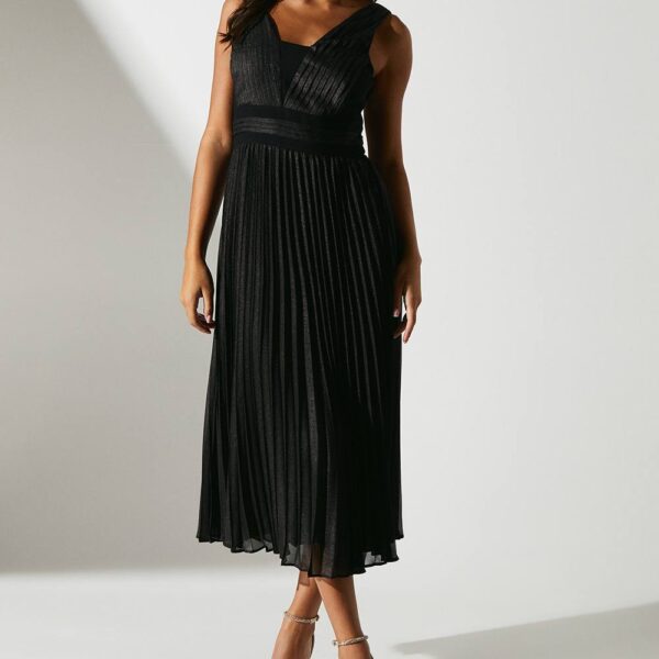 All Over Pleated Sleeveless Metallic Midi Dress - Dark Bronze