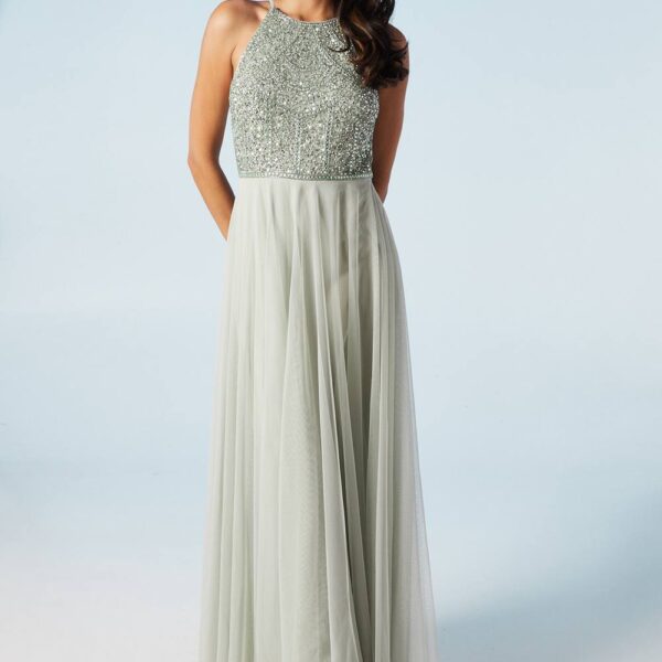 Mixed Gem Halterneck Tulle Skirt Bridesmaid Dress - Sage