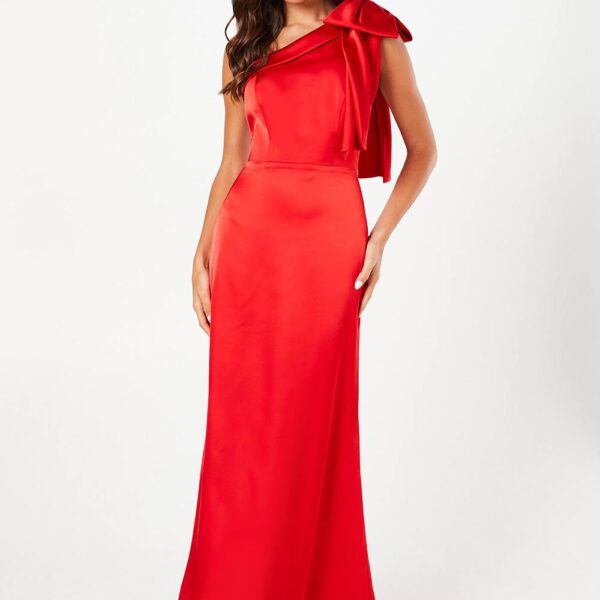 Contrast Bow Satin One Shoulder Maxi Dress - Cherry
