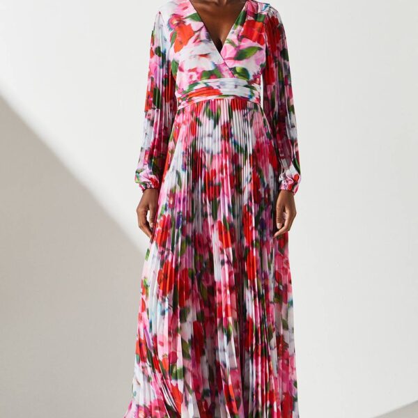 Chiffon Pleated Floral Printed Dress - Pink