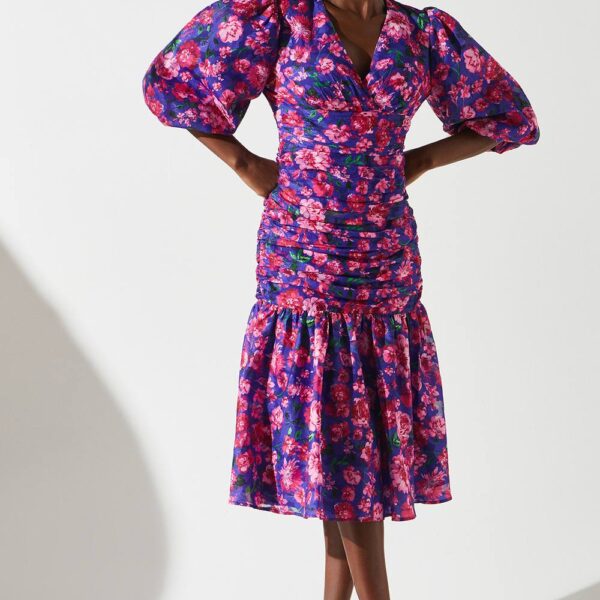 Chiffon Printed Jacquard Gathered Puff Sleeve Dress - Blue