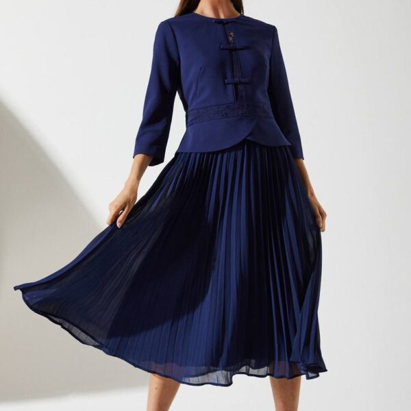 Crepe Pleat Lace Dress - Navy