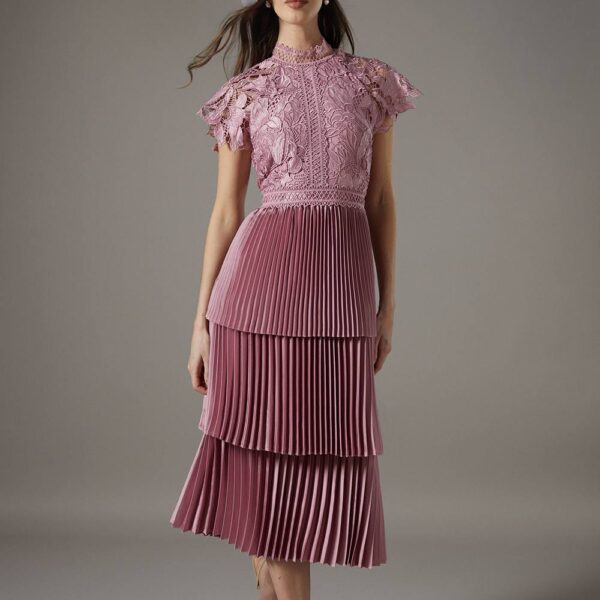 Satin Lace Tiered Dress - Pink