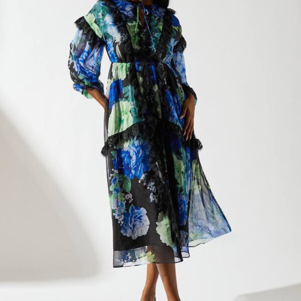 Floral Chiffon Tie Neck Lace Trim Dress