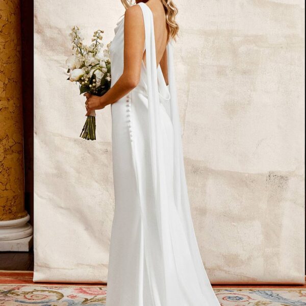 Chiffon Cowl Back Detail Wedding Dress - Ivory