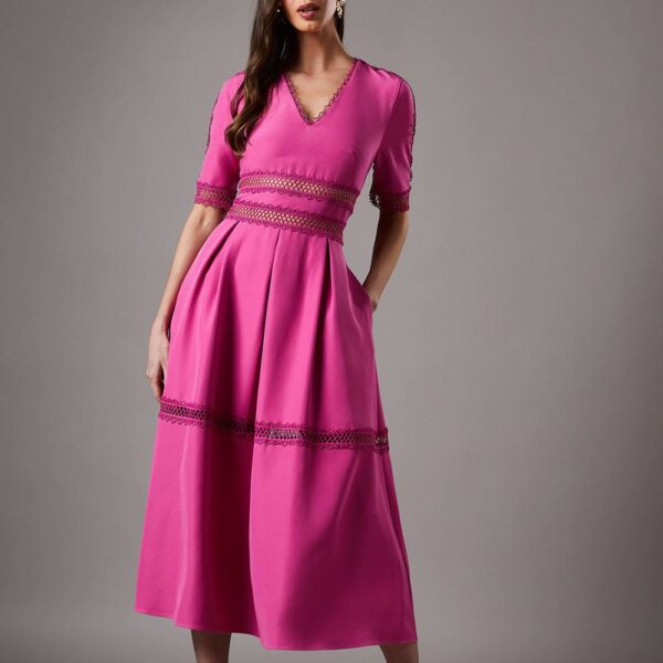 Crochet Insert Crepe V Neck Midi Dress - Pink