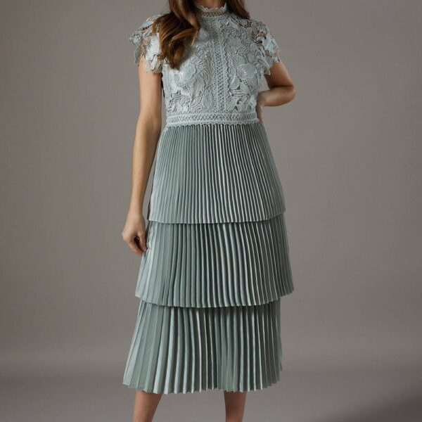 Satin Lace Pleated Tiered Dress - Sage