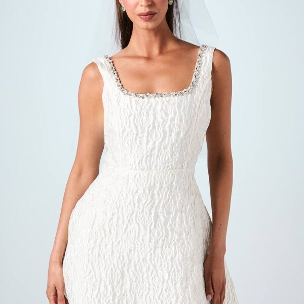 Jacquard Full Skirted Mini Dress With Jewel Trim - Ivory